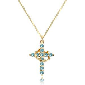Womens Aquamarine Blue Mr 14K Gold Plated Crown Cross Necklace Non-Tarnish Faith